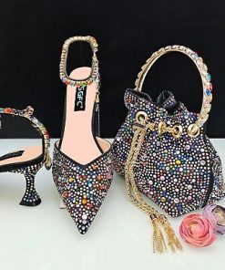 Luxury Women Pointed Shoes And Bag Set Full Diamond Decoration Metal Closure Bag